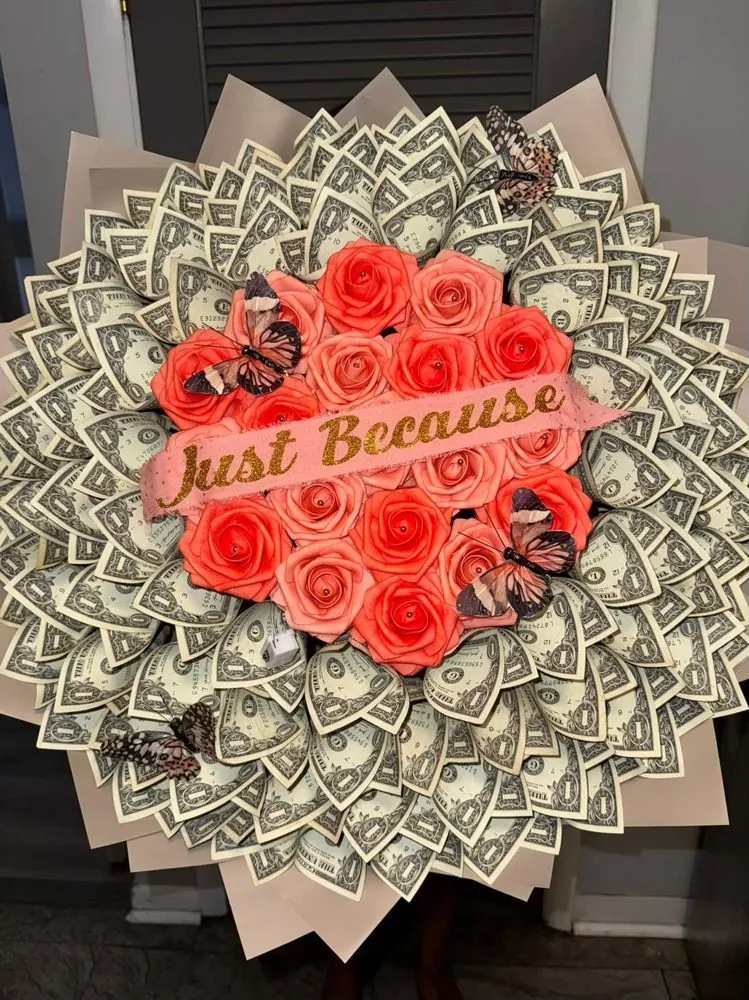 Medium money bouquet with red roses and a Just Because topper